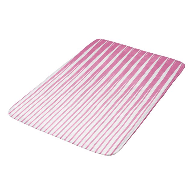Pink White Stripes Pattern Ombre Modern Cute Girly Bath Mat (Angled)