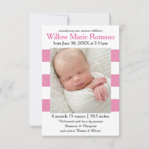 Pink/White Stripes Photo - 3x5 Birth Announcement
