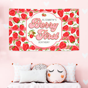 Pink White Stripes Strawberry Berry First Birthday Banner