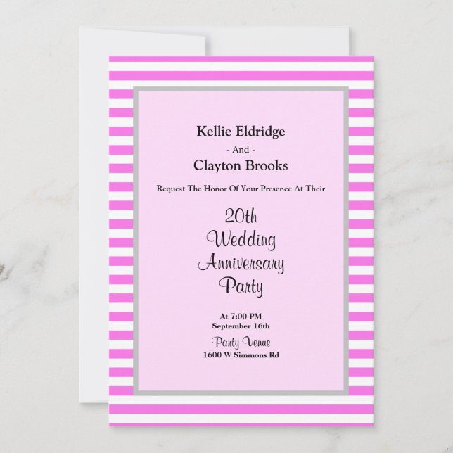 Pink/White Stripes Wedding Anniversary Party Invitation (Front)