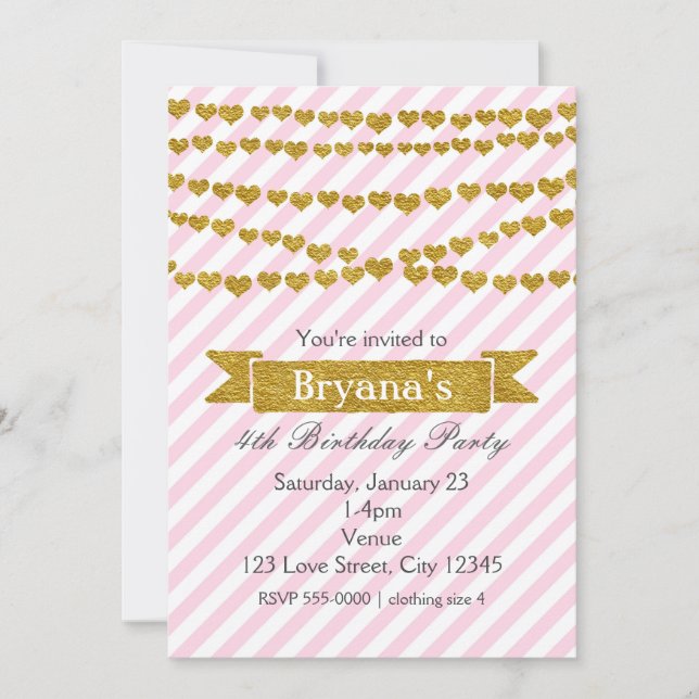 Pink & White Stripes with Gold Hearts Invitations (Front)