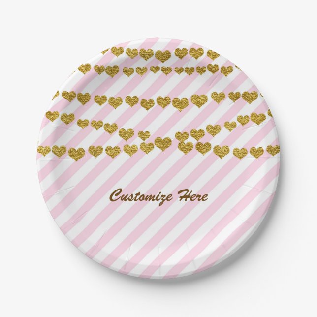 Pink & White Stripes with Gold Hearts Party Paper Plate (Front)