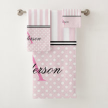 Pink & White Strips Monogram Towel Set