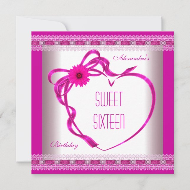 Pink White Sweet Sixteen 16 Birthday Heart Bow 3 Invitation (Front)