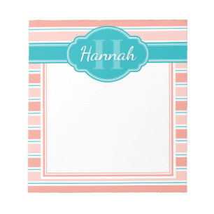 Pink White Teal Stripe Pattern Monogram Notepad