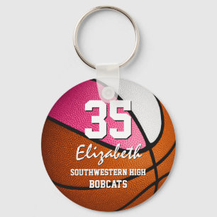 Pink white team spirit girls basketball key ring