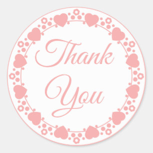 Pink, White Thank You Heart Wedding, Bridal Shower Classic Round Sticker