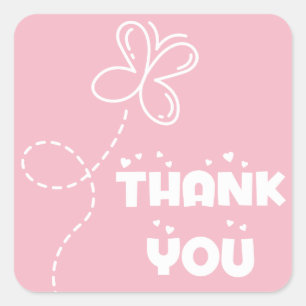 Pink & White Thank You Hearts & Butterfly Wedding Square Sticker