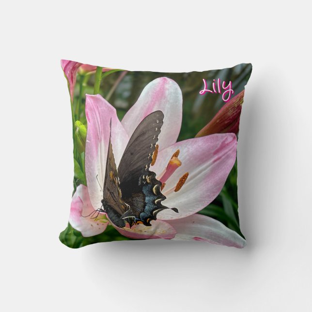 Pink White Tiger Lilly Flower Blue Butterfly Name Cushion (Front)