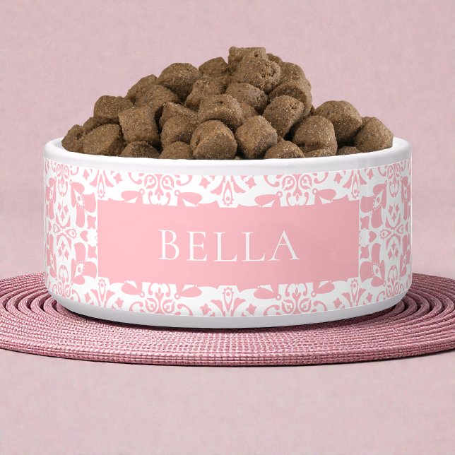 Pink White Tile Pattern Elegant Personalized Pet (Pink White Tile Pattern Elegant Personalized Pet Bowl)