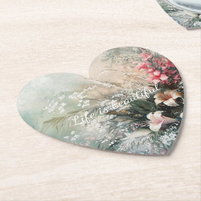 Pink White Tropical Floral Paper Coaster (Angled)