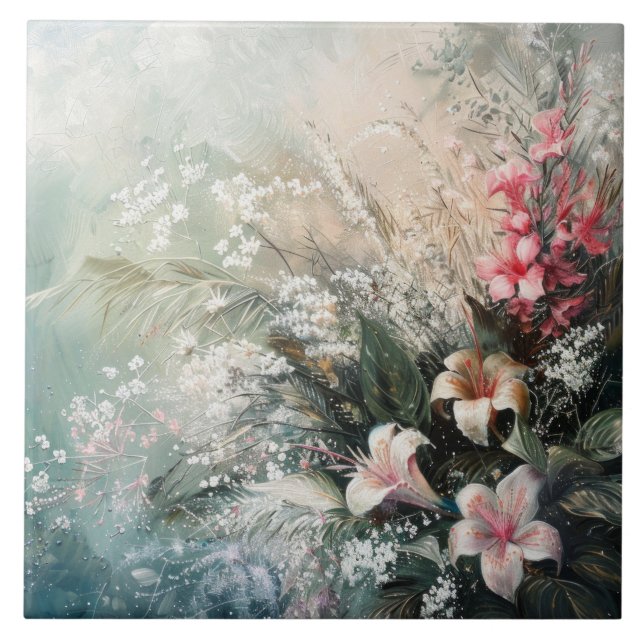 Pink White Tropical Floral Tile (Front)