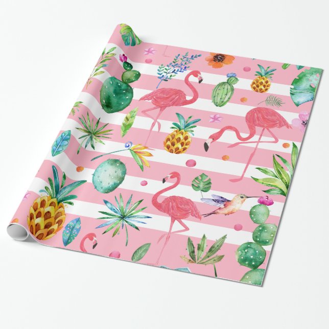 Pink & White Tropical Flowers Plants & Birds Wrapping Paper (Unrolled)
