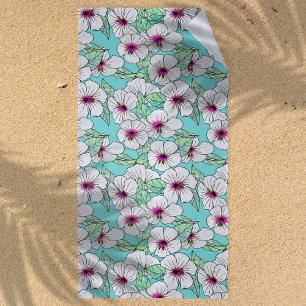 Pink & White Tropical Hibiscus Floral Pattern Beach Towel