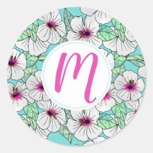 Pink & White Tropical Hibiscus Floral Pattern Classic Round Sticker