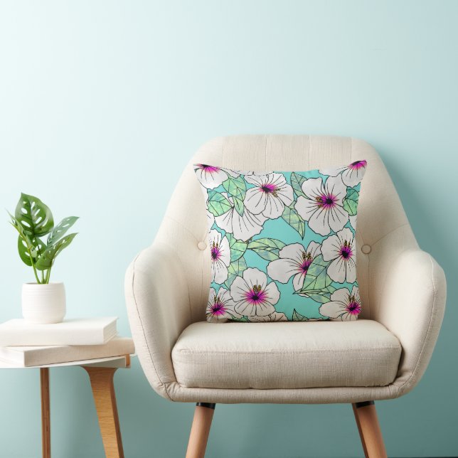 Pink & White Tropical Hibiscus Floral Pattern Cushion (Chair)