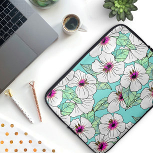 Pink & White Tropical Hibiscus Floral Pattern Laptop Sleeve