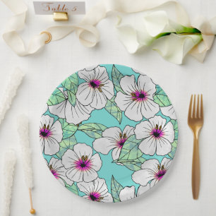 Pink & White Tropical Hibiscus Floral Pattern Paper Plate