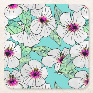 Pink & White Tropical Hibiscus Floral Pattern Square Paper Coaster