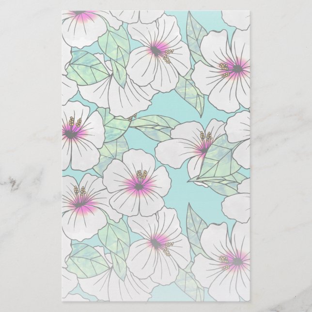 Pink & White Tropical Hibiscus Floral Pattern Stationery (Front)