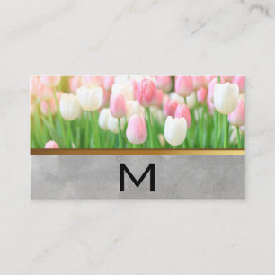 Pink White Tulips   Monogram Business Card
