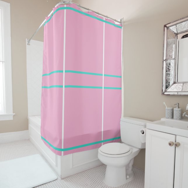 Pink White Turquoise Geometric Lines Shower Curtain (In Situ)