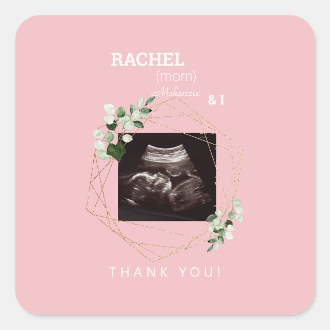 Pink White Ultrasound Photo Thank You Baby Shower Square Sticker (Front)