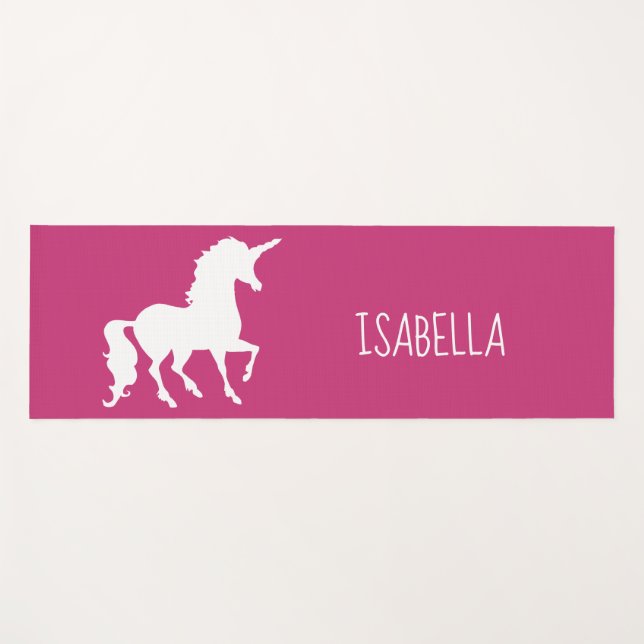 Pink White Unicorn Silhouette Personalised Girls Yoga Mat (Front (Horizontal))