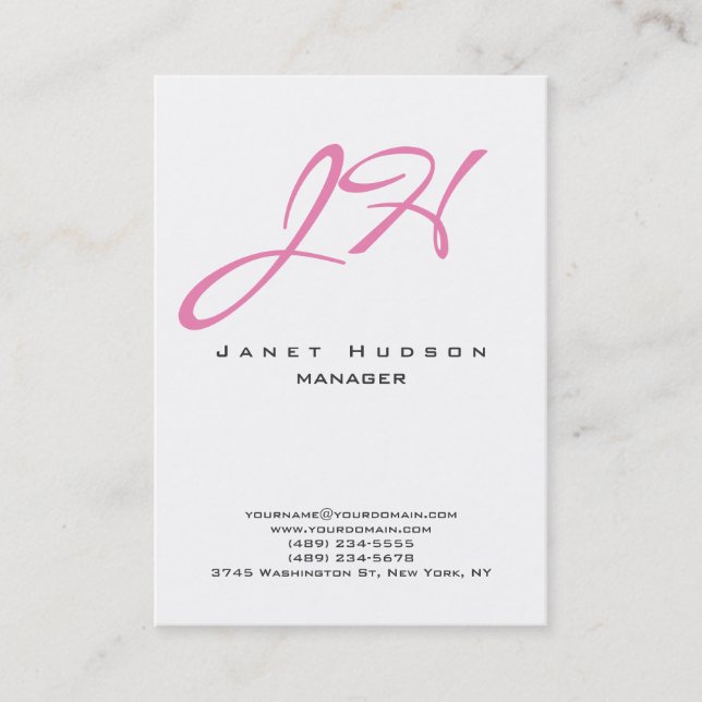 Pink white vertical modern plain script monogram business card (Front)