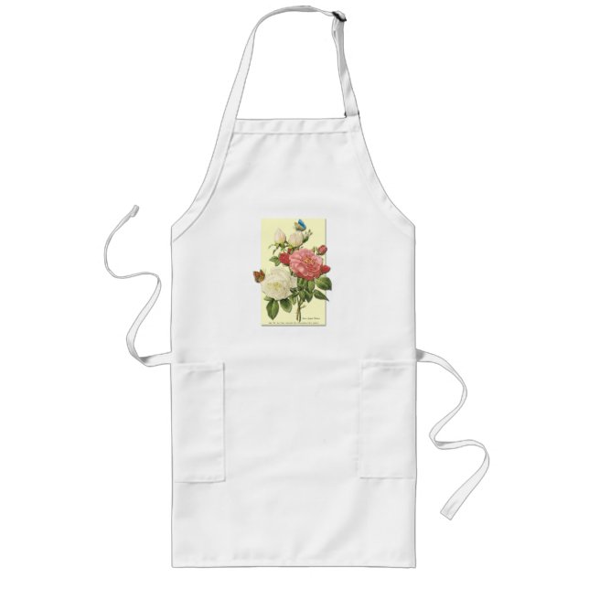Pink White Vintage Botanical Roses Long Apron (Front)