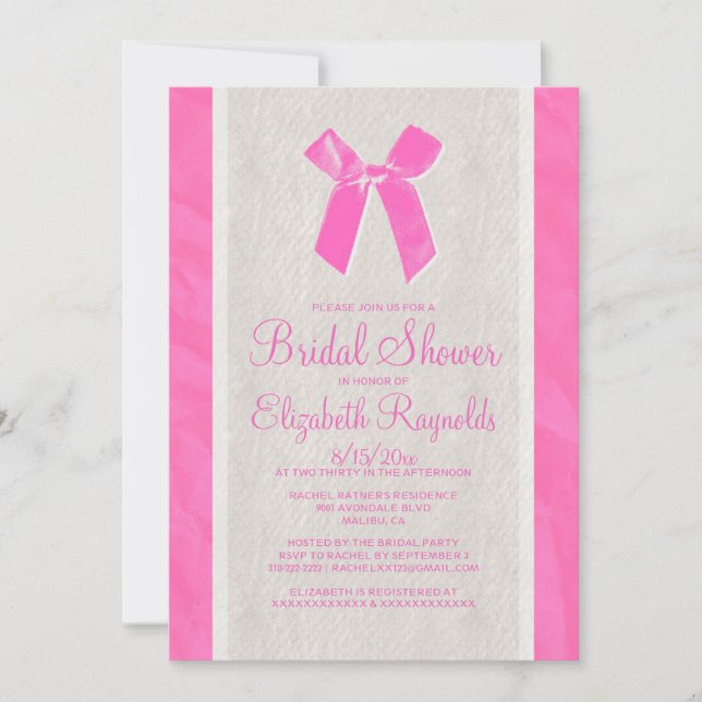 Pink White Vintage Bow Linen Bridal Shower Invites (Front)