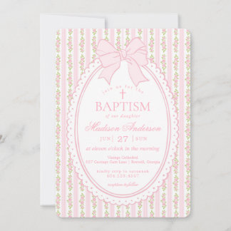Pink & White Vintage Fancy Floral Baptism Invitation