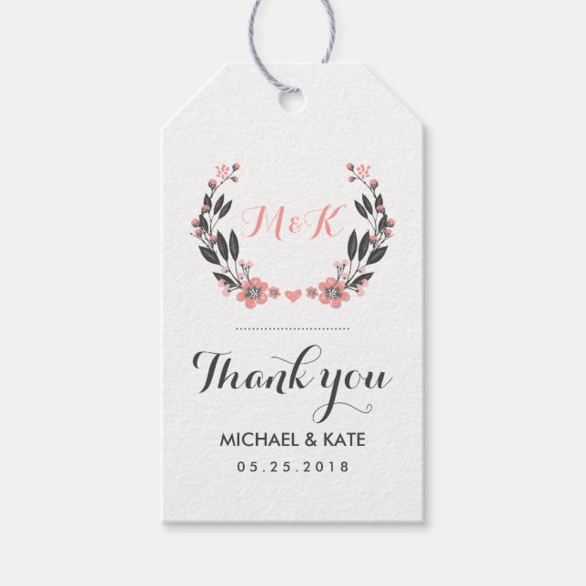 Pink White Vintage Flower Wreath Wedding Gift Tag (Front)