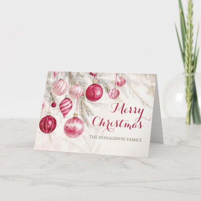 Pink White Vintage Ornaments Christmas Holiday Card (Front)
