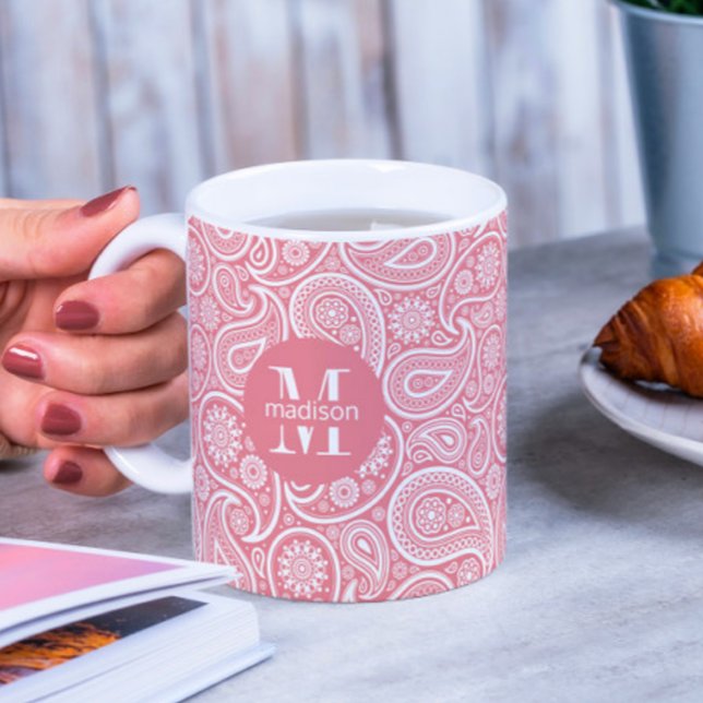 Pink, White Vintage Paisley Pattern Monogram Coffee Mug (Creator Uploaded)