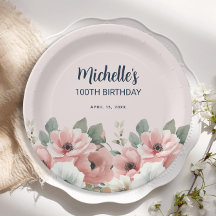  Pink White Watercolor Floral 100th Birthday 