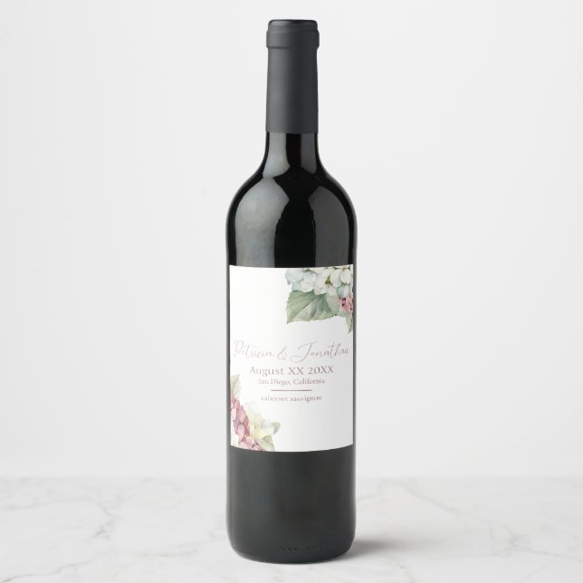 Pink & White Watercolor Hydrangea Flowers Wine Label (Front)