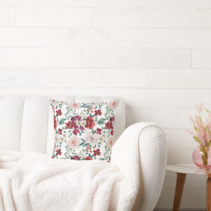 Pink White Watercolor Peonies Daisies Cushion