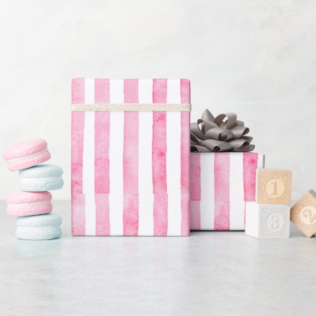 Pink & White Watercolor Stripe Wrapping Paper (Baby Shower)