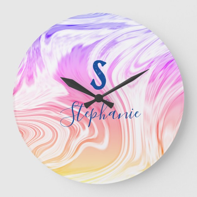 Pink White Wave Abstract Girly Monogram Gift Favou Large Clock (Front)