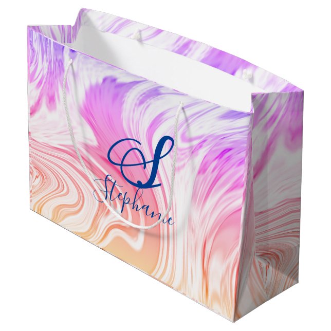 Pink White Wave Abstract Girly Monograms Cute Large Gift Bag (Back Angled)