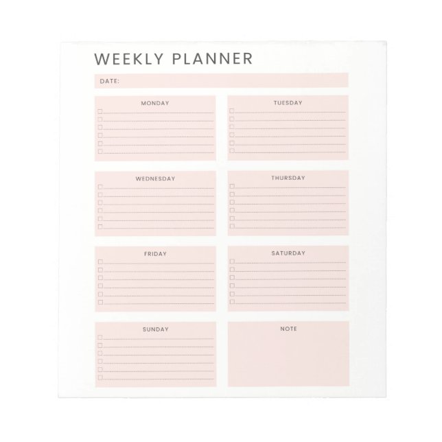 Pink White Weekly Planner Organiser To do List  Notepad (Front)