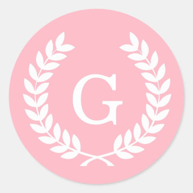 Pink White Wheat Laurel Wreath Initial Monogram Classic Round Sticker (Front)