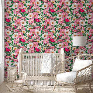 Pink & White Wild Rose Flowers Pattern Wallpaper