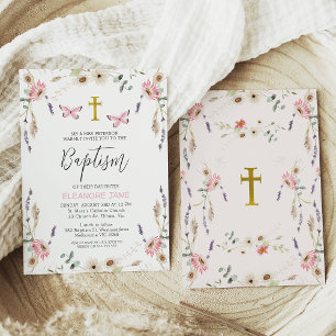 Pink White Wildflowers Butterfly Baptism  Invitation