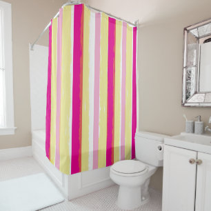 Pink White Yellow Summer Vertical Stripes Shower Curtain