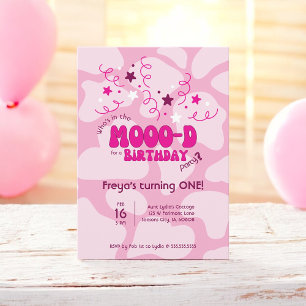 Pink Who's in the MOOO-D Cow Print 1st Birthday Invitation