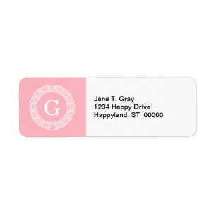 Pink Wht Greek Key Rnd Frame Initial Monogram