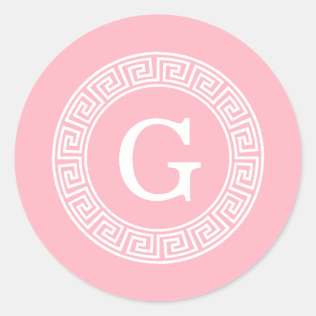 Pink Wht Greek Key Rnd Frame Initial Monogram Classic Round Sticker (Front)
