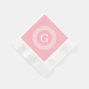Pink Wht Greek Key Rnd Frame Initial Monogram Napkin